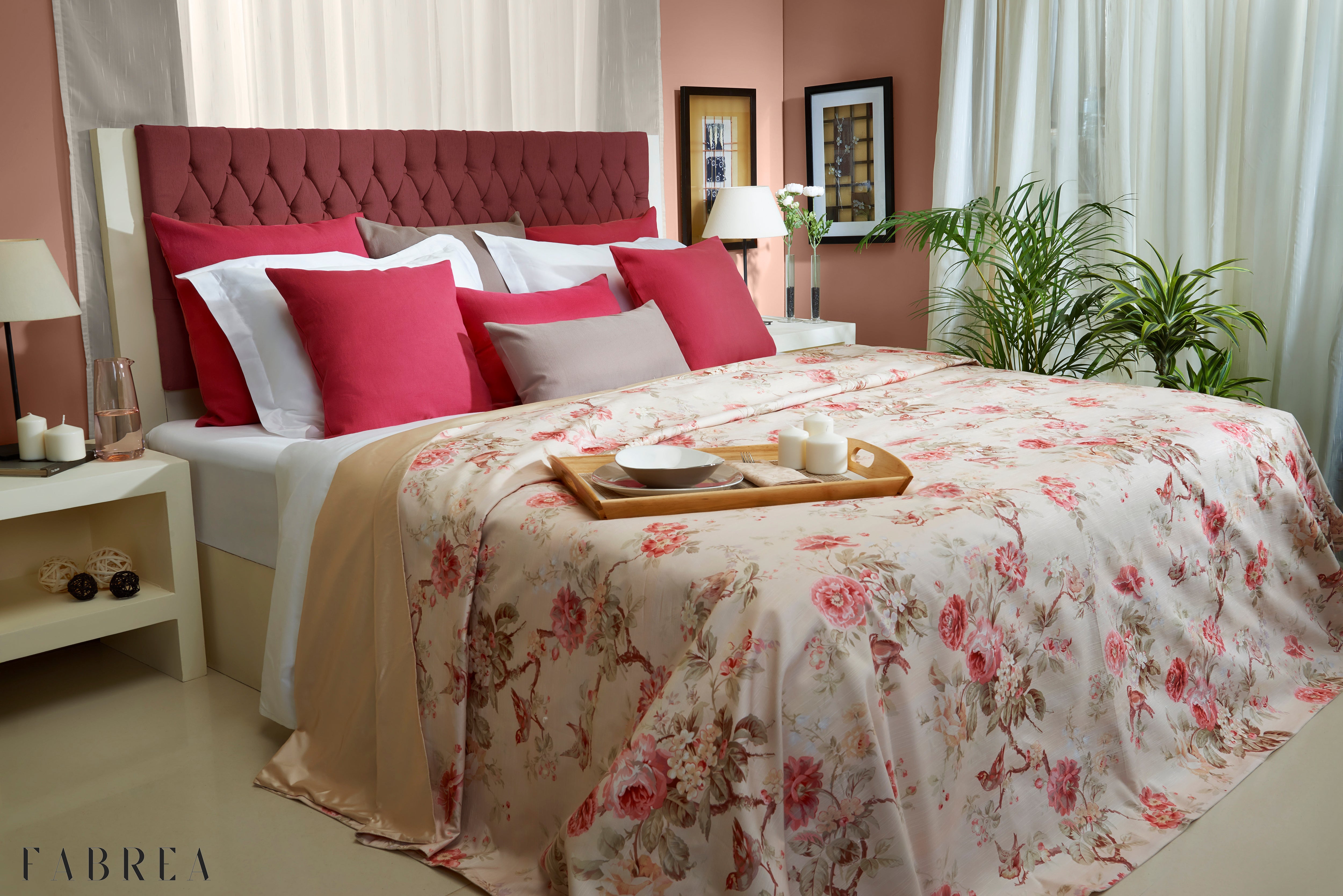Pink & Beige Floral Bedspread and Pillowcases Set
